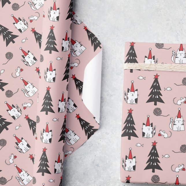 Funny Cats Christmas pattern pink Wrapping Paper (Creator Uploaded)