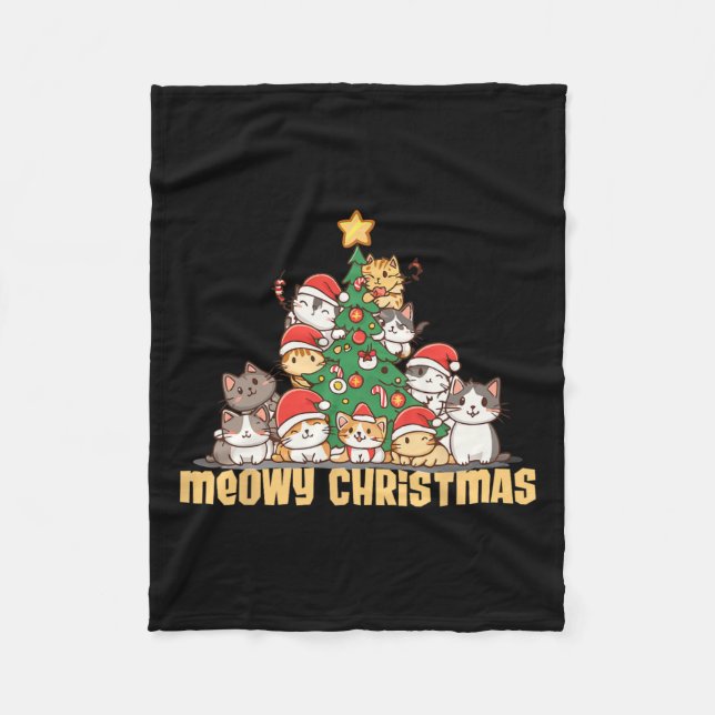Funny Cats Christmas Tree Tee Meowy Xmas Kids Boys Fleece Blanket (Front)