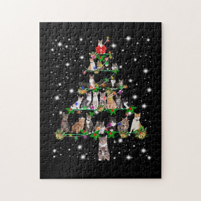 Funny Cats Christmas Tree Tee Ornament Decor Gift Jigsaw Puzzle (Vertical)