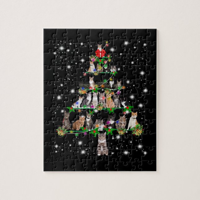 Funny Cats Christmas Tree Tee Ornament Decor Gift Jigsaw Puzzle (Vertical)