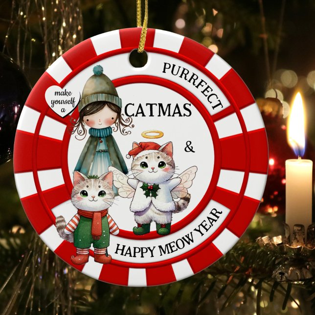 Funny Cats Crazy Cat Lady Cute Christmas Ceramic Ornament (Colorful Christmas ornament featuring illustrations of a cute cat angel, kitty and crazy cat lady.)
