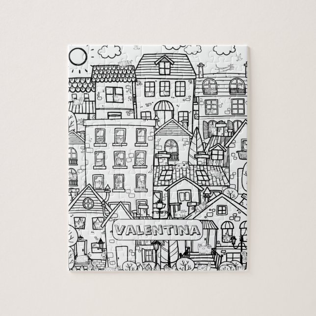 Funny Cats Detailed Town Black White Colouring Nam Jigsaw Puzzle (Vertical)