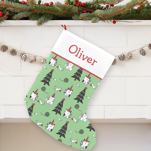 Funny Cats Green and White Small Christmas Stocking (Creator Uploaded)
