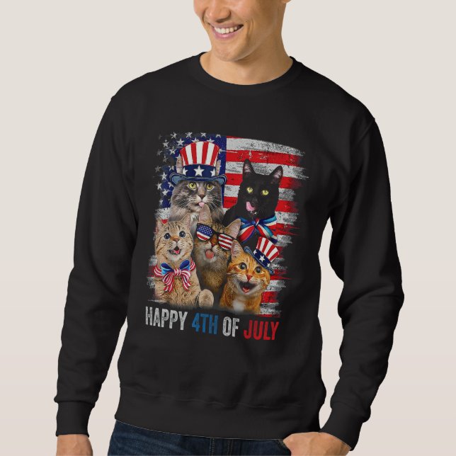 Funny Cats Happy 4th Of July American US Flag 4th  Sweatshirt (Front)