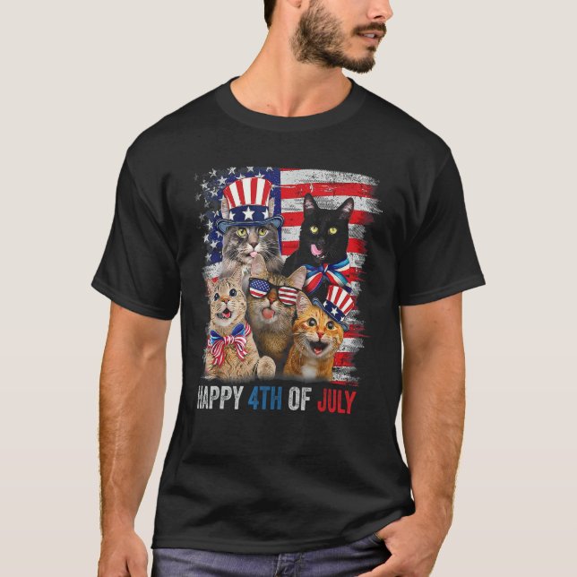 Funny Cats Happy 4th Of July American US Flag 4th  T-Shirt (Front)