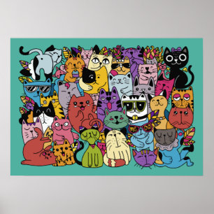 Funny Cats Illustration Custom Colour Poster