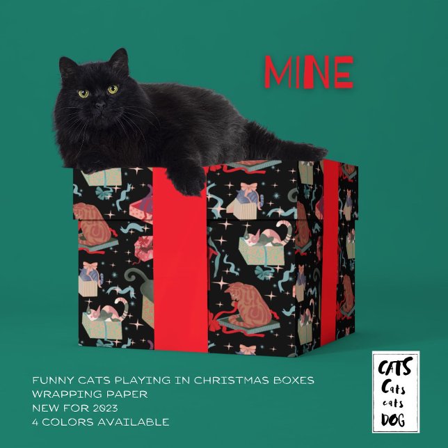 Funny Cats In Christmas Boxes Black Red Green Wrapping Paper (Creator Uploaded)