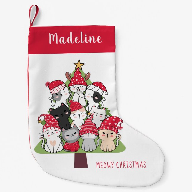 Funny Cats in Christmas Tree Meowy Christmas Small Christmas Stocking (Front)