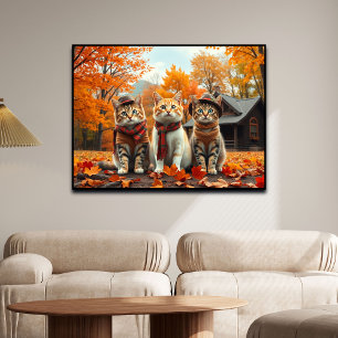Funny Cats in Preppy Fall Attire and Hats   Poster