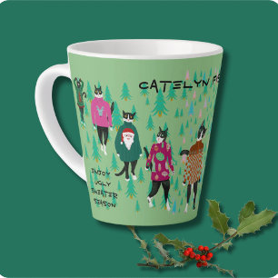 Funny Cats in Ugly Christmas Sweaters green  Latte Mug