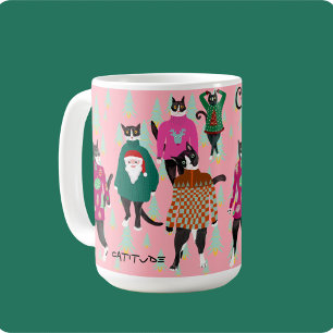 Funny Cats in Ugly Christmas Sweaters Pink Custom Coffee Mug