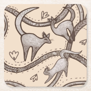 funny cats line art square paper coaster