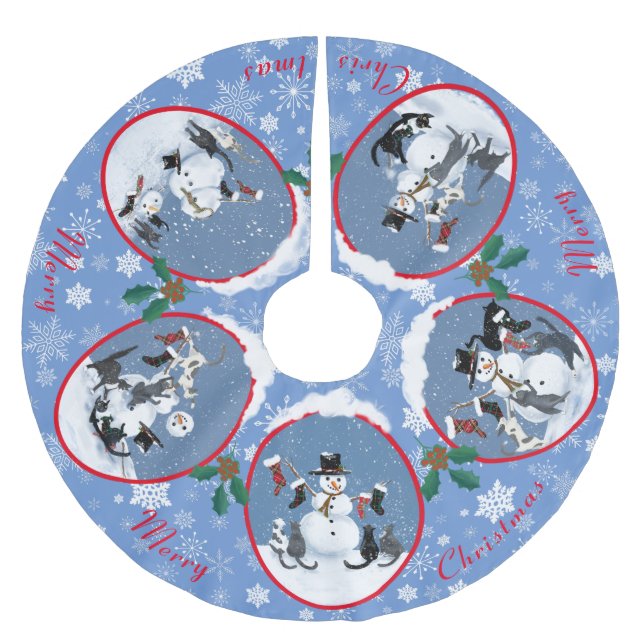 Funny Cats Meet Snowman Holiday Story Christmas  Brushed Polyester Tree Skirt (Front)