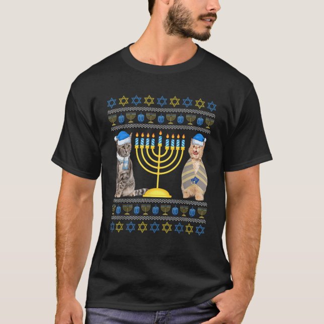 Funny Cats Menorah Jew Happy Hanukkah Ugly Chanuka T-Shirt (Front)