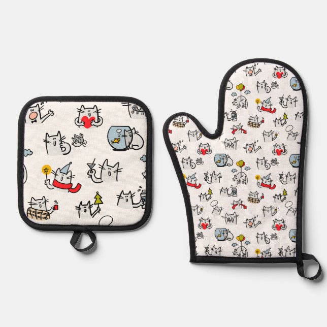 Funny cats, milk and magic. oven mitt & pot holder set (Front)