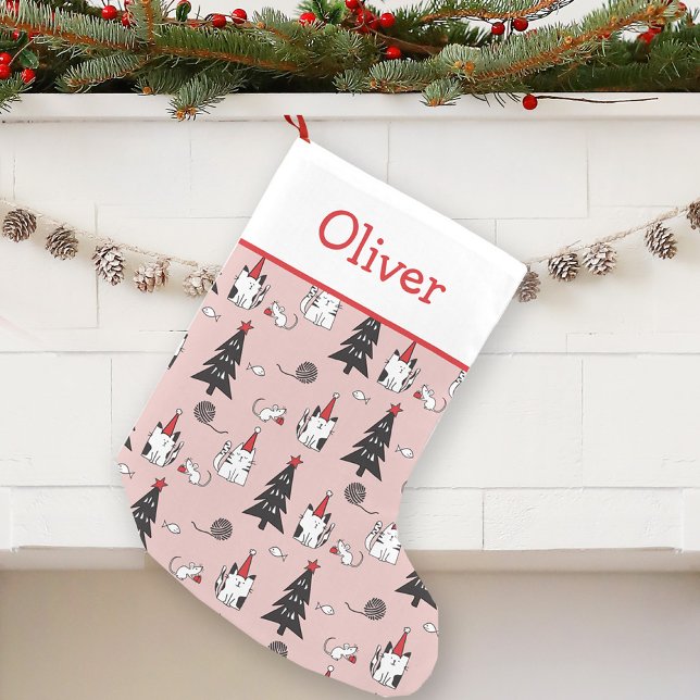 Funny Cats Pink and White Small Christmas Stocking (Creator Uploaded)