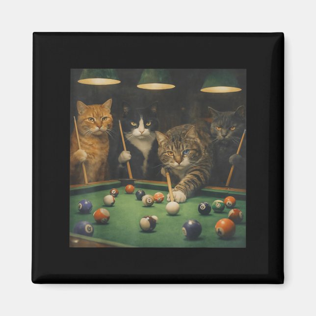 Funny Cats Playing Pool Vintage Billiards Meme Magnet (Front)