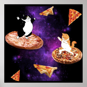 Funny cats riding pizza on space poster