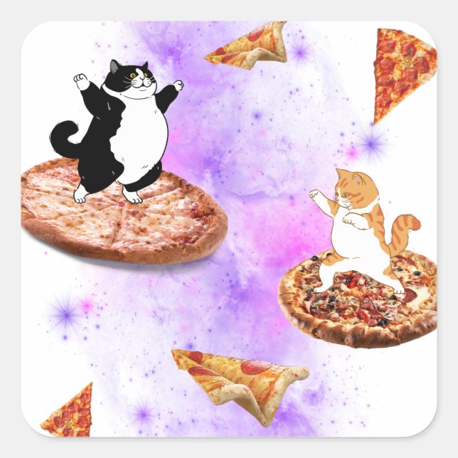 Funny cats riding pizza on space square sticker (Front)