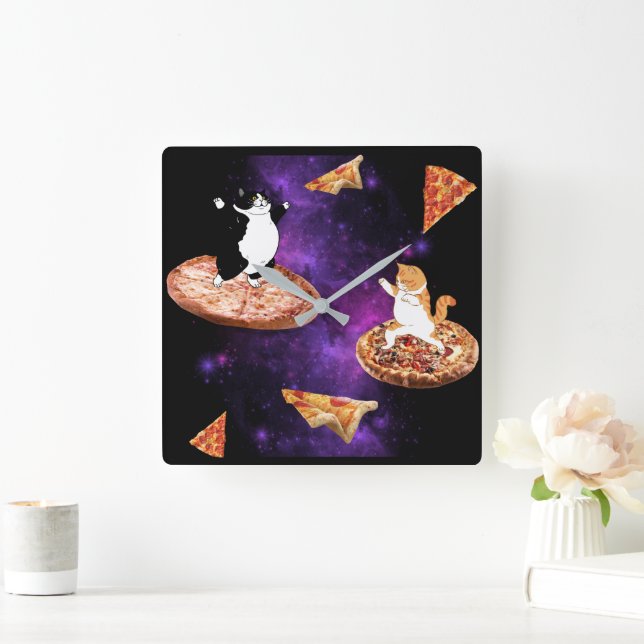 Funny cats riding pizza on space square wall clock (Home)