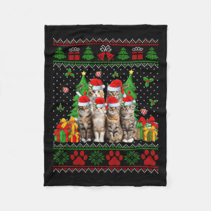 Funny Cats Santa Hat Christmas Tree Ugly Christmas Fleece Blanket