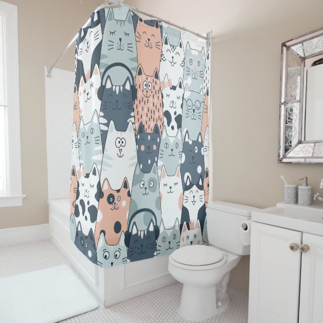 funny cats seamless pattern shower curtain (In Situ)