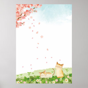 Funny Cats Singing under Cherry Blossoms Poster