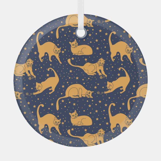 Funny cats, stars, space pattern. glass tree decoration (Front)