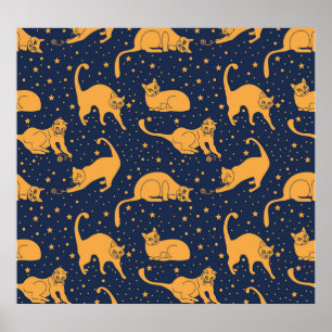 Funny cats, stars, space pattern. poster