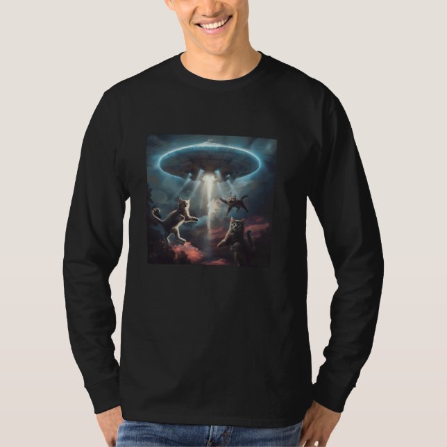 Funny Cats with UFOs Alien Invasion T-Shirt (Front)