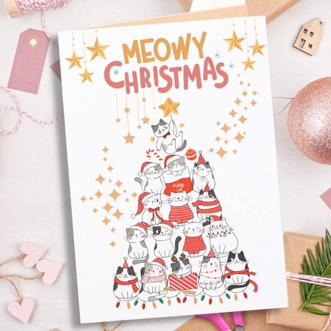 Funny Cats Xmas Tree Meowy Christmas Folded Card (Funny Cats Xmas Tree Meowy Christmas Folded Card (Front))