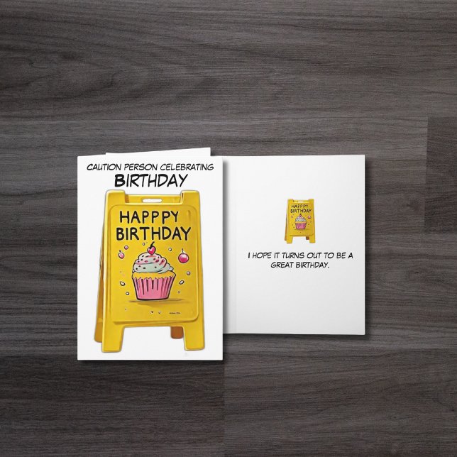 Funny Caution Birthday Card – Yellow Sign with Cup (Creator Uploaded)