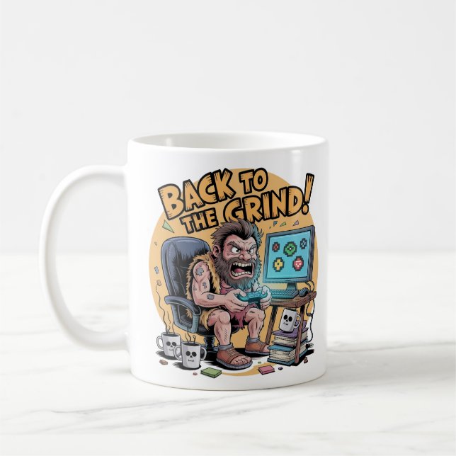 Funny Caveman Gamer Office Back to Grind Coffee Mug (Left)