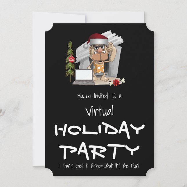 Funny Caveman Virtual Holiday Party Invitation (Front)