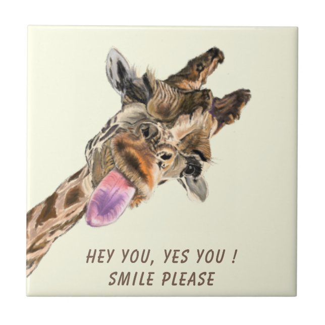 Funny Ceramic Tile Happy Playful Giraffe - Smile (Front)
