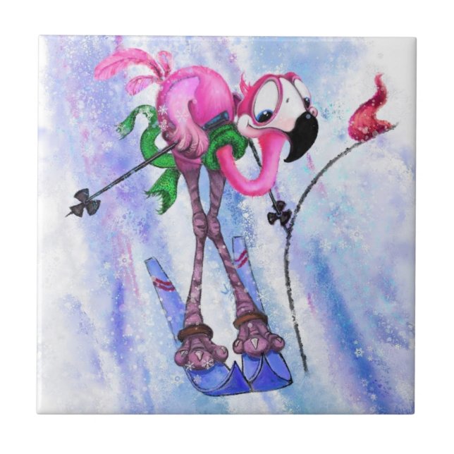 Funny Ceramic Tile with Pink Flamingo Skier (Front)