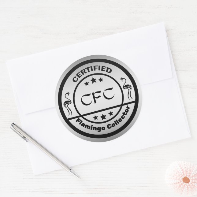 Funny Certified Flamingo Collector Black & Silver Classic Round Sticker (Envelope)