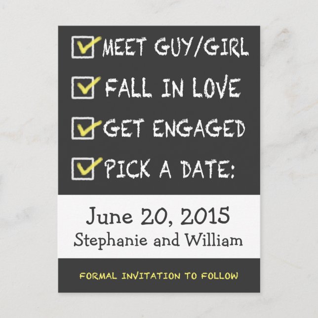 Funny Chalkboard Checklist Save the Date Announcement Postcard (Front)