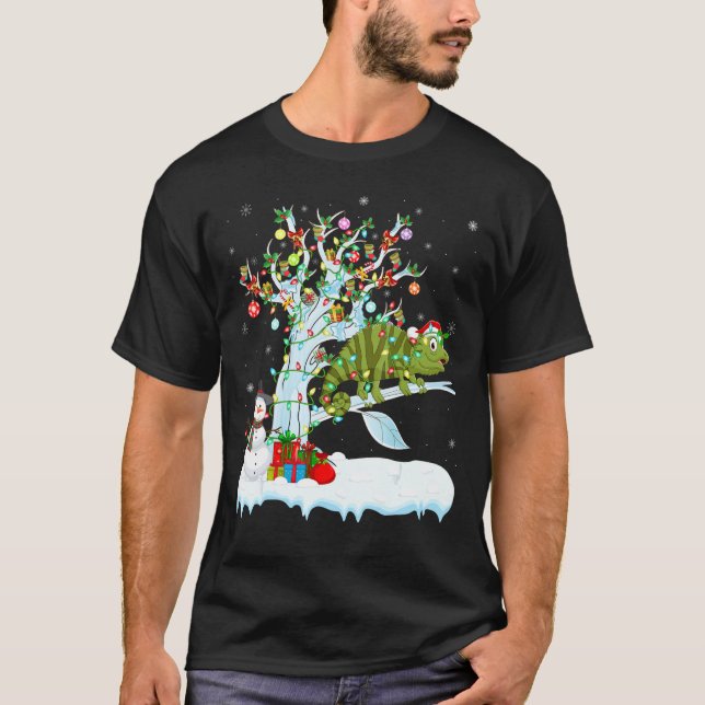 Funny Chameleon Xmas Tree Lighting Santa Chameleon T-Shirt (Front)