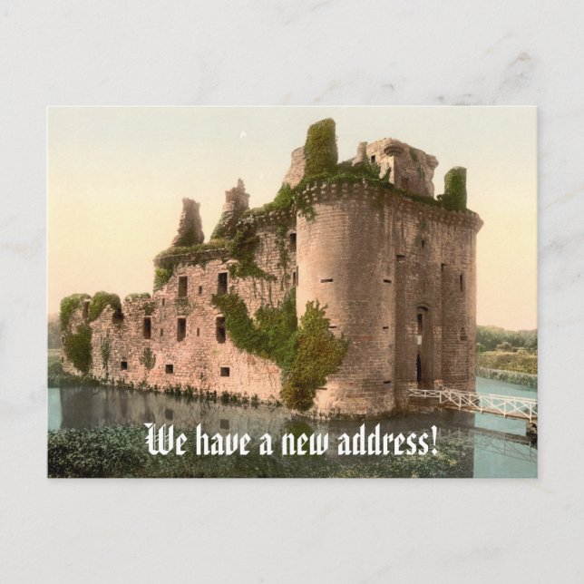 Funny change of address with castle announcement postcard (Front)