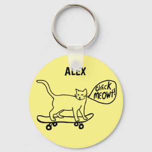 Funny Check MEOWT Skateboarding Cat CUSTOM Key Ring