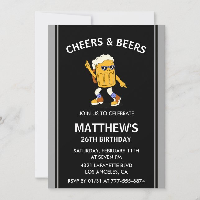 Funny Cheers and Beers 26th birthday invitations (Front)