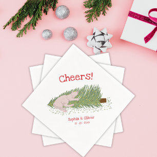 Funny Cheers White Cat vs Christmas Tree Holidays Napkin