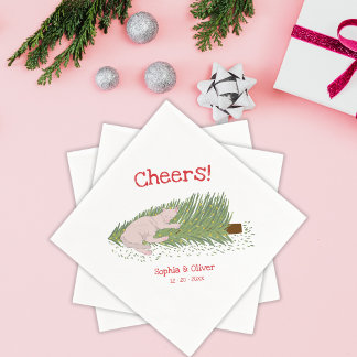 Funny Cheers White Cat vs Christmas Tree Holidays Napkin
