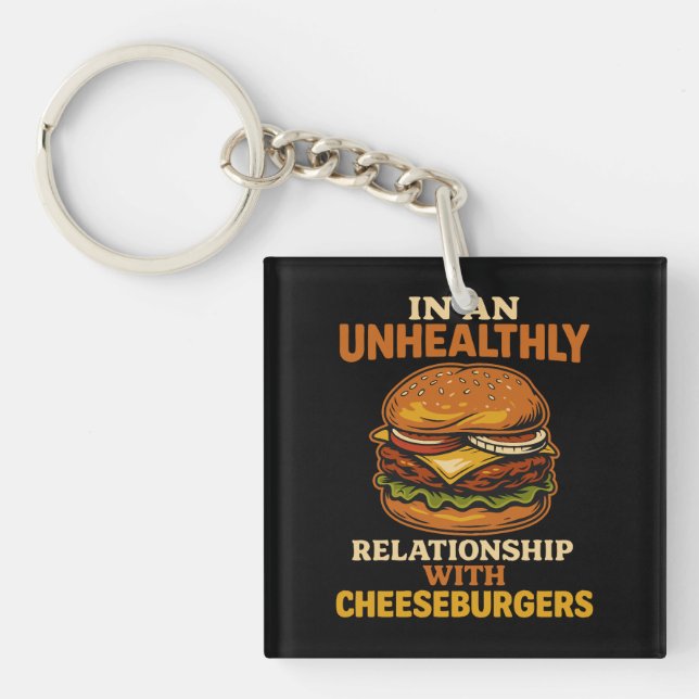 Funny Cheeseburger Eater Relationship With Burger Key Ring (Front)