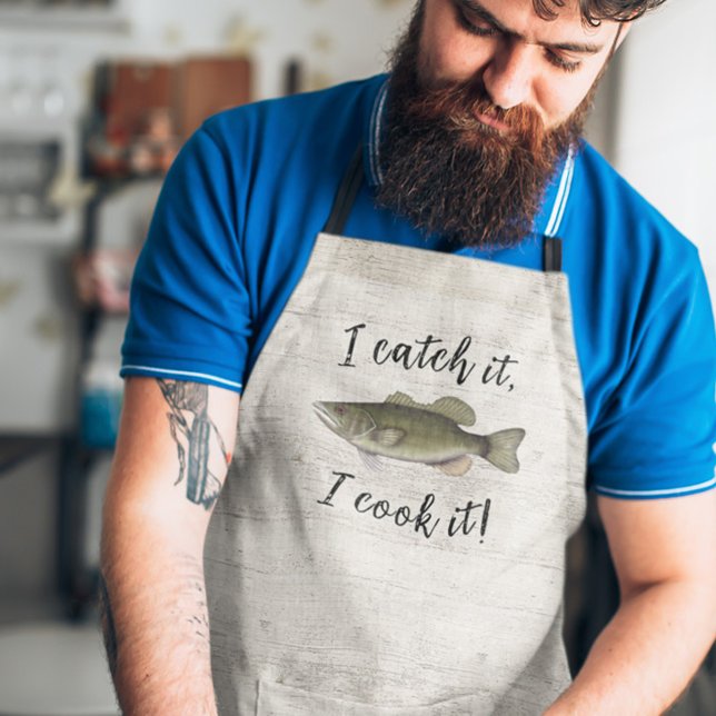 Funny Chef Fisherman Bass Fish Simple Wildlife Apron (With a wood grain background and stylish typography)