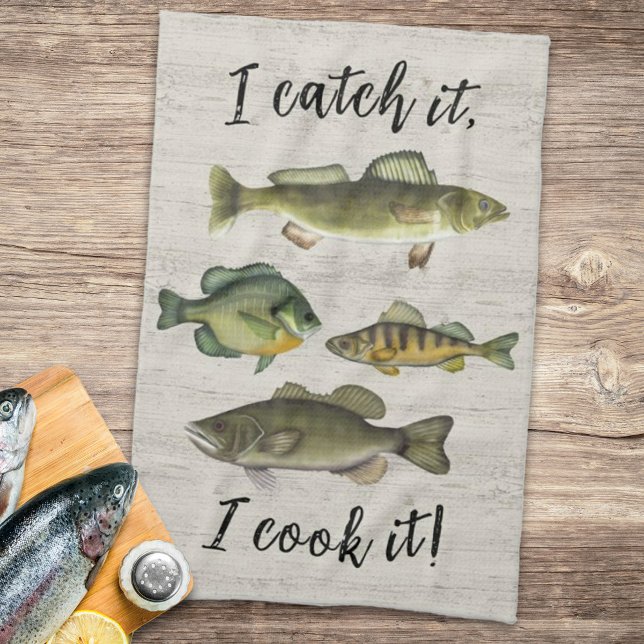 Funny Chef Fisherman Fish Catch Simple Wildlife Tea Towel (Cute "I catch it, I cook it" kitchen towel.)