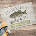 Funny Chef Simple Fisherman Bait and Tackle Sign Tea Towel<br><div class="desc">This design features funny baking chef cook men,  masculine for him fisherman,  fishing angler angling camping outdoors,  largemouth bass lake woodland,  a simple minimalist typography text,  trendy stylish calligraphy script,  modern elegant watercolor illustration,  up north woods simple minimal,  humourous wildlife art deco fish,  vintage tan green forest colour</div>