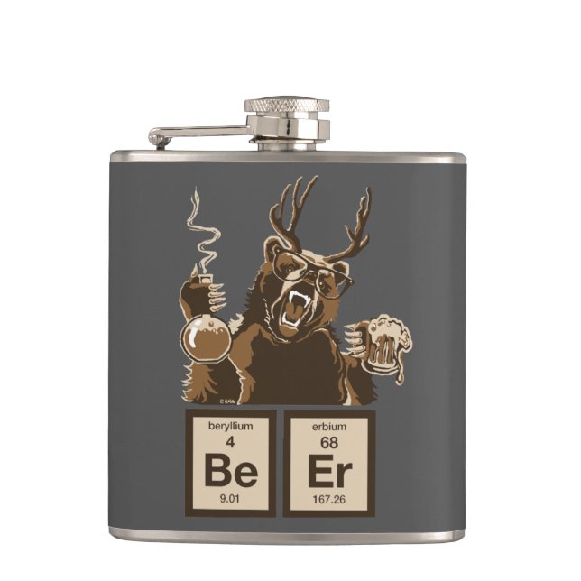 Funny chemistry bear discovered beer hip flask (Front)