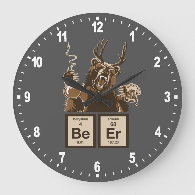 Funny chemistry bear discovered beer large clock (Front)